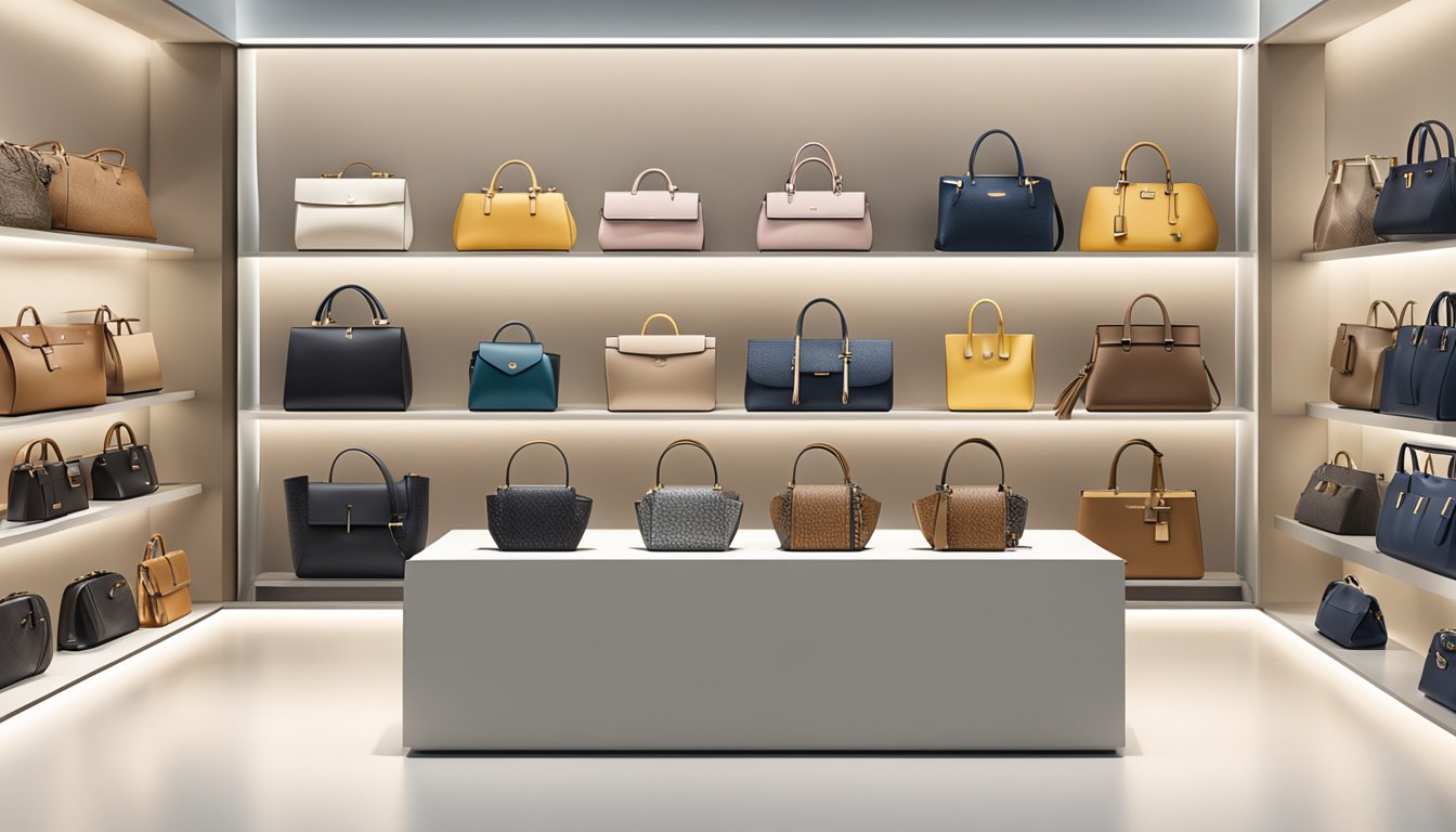 A display of German handbag brands arranged on a sleek, modern shelf in a well-lit boutique
