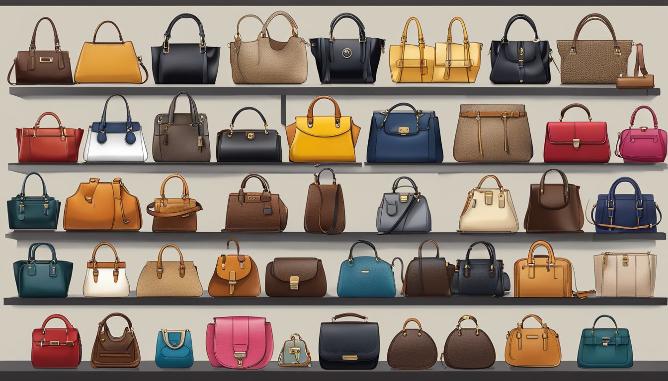 A display of German handbags in various styles, from classic to modern, showcasing a diverse range of designs and materials