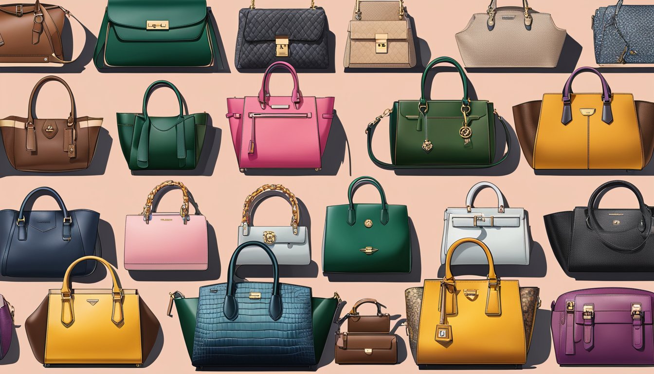 A display of German handbag brands, featuring prominent designers and their iconic creations