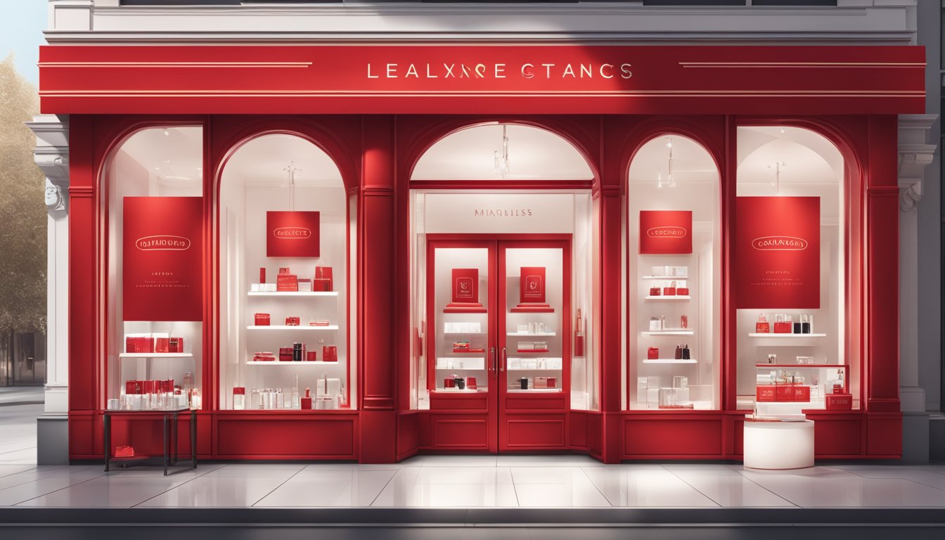 A sleek, modern storefront with bold red and white branding, showcasing luxury accessories and fragrances