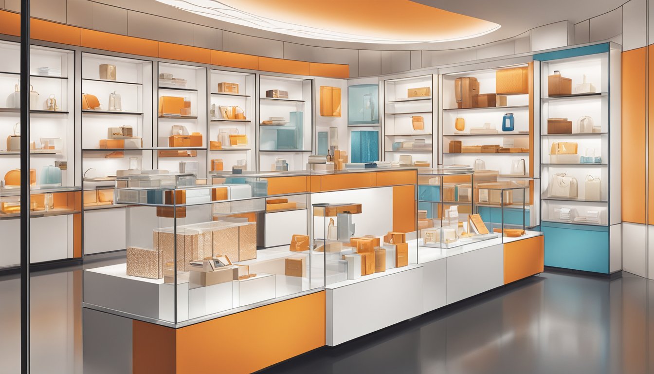 A display of Hermes iconic products and designs arranged on a sleek, modern showcase