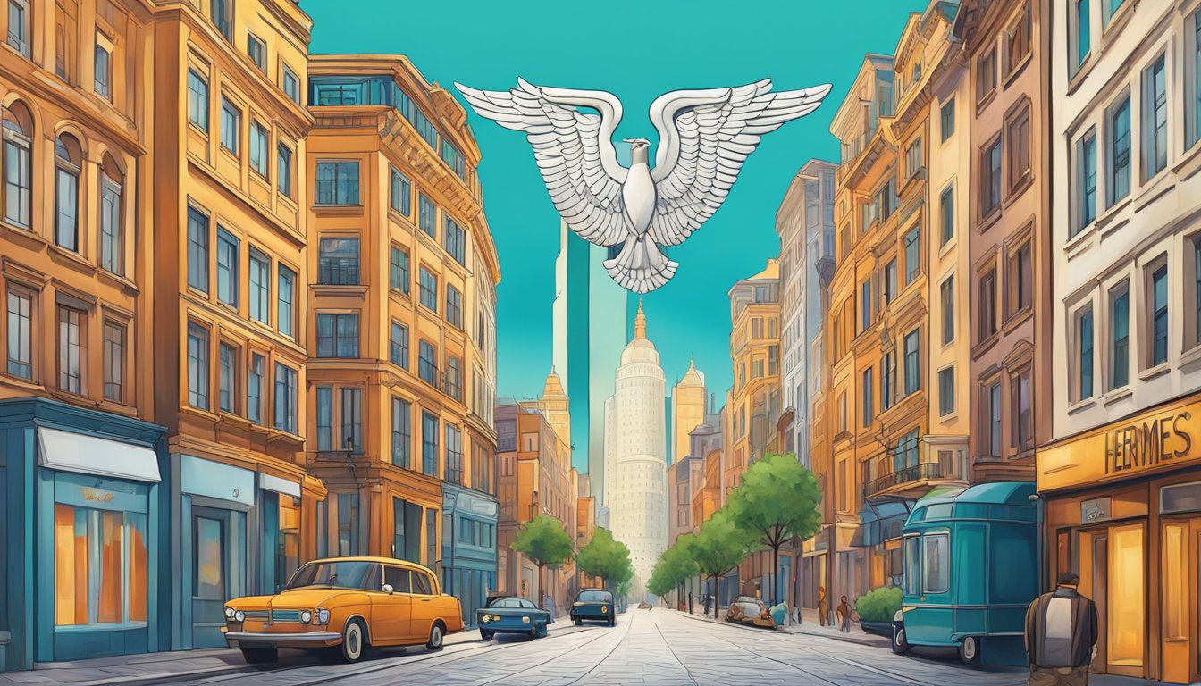 The iconic Hermes logo stands tall against a vibrant cityscape, symbolizing its global presence and cultural impact