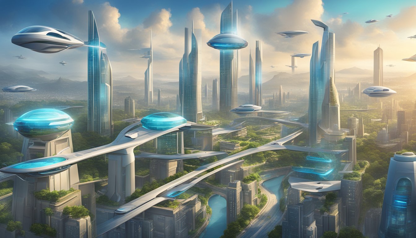 A futuristic city skyline with sleek, high-tech buildings and flying vehicles, showcasing the innovative and forward-thinking nature of the Hermes brand