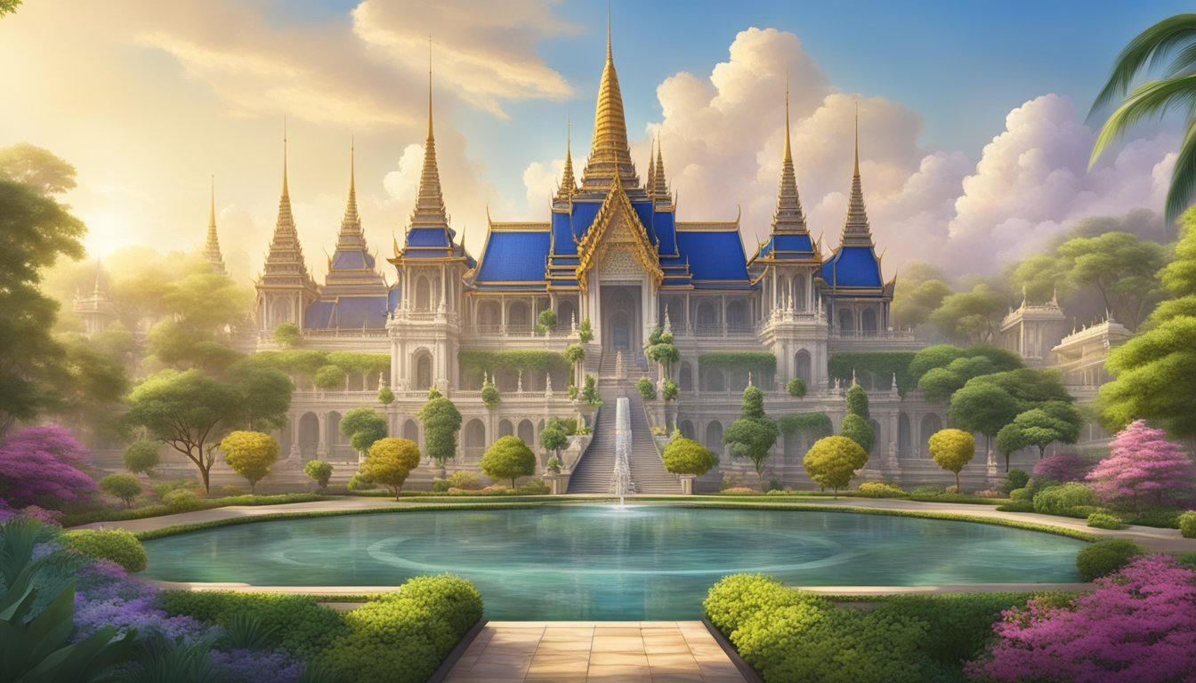 A grand palace adorned with intricate carvings and towering spires, surrounded by lush gardens and ornate fountains