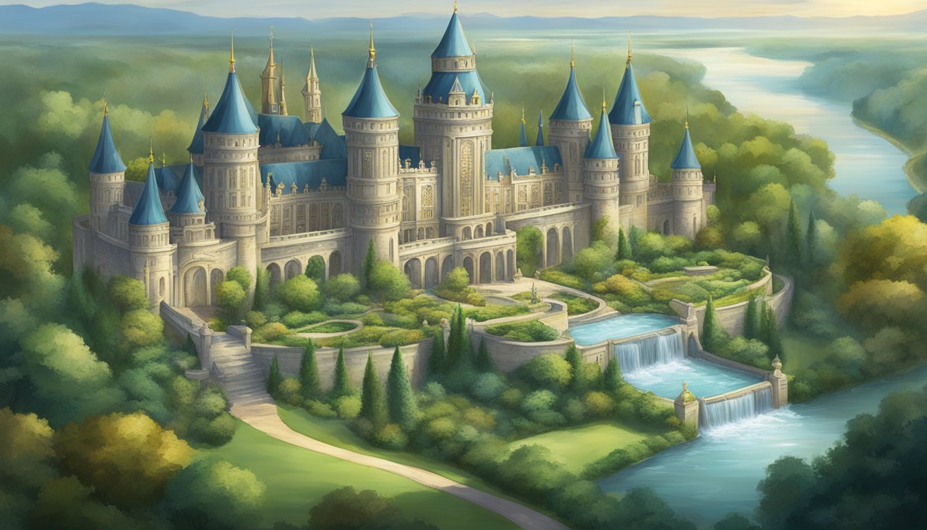 A grand castle with towering spires and ornate details, surrounded by lush gardens and a flowing river, symbolizing the grandeur of imperial brands