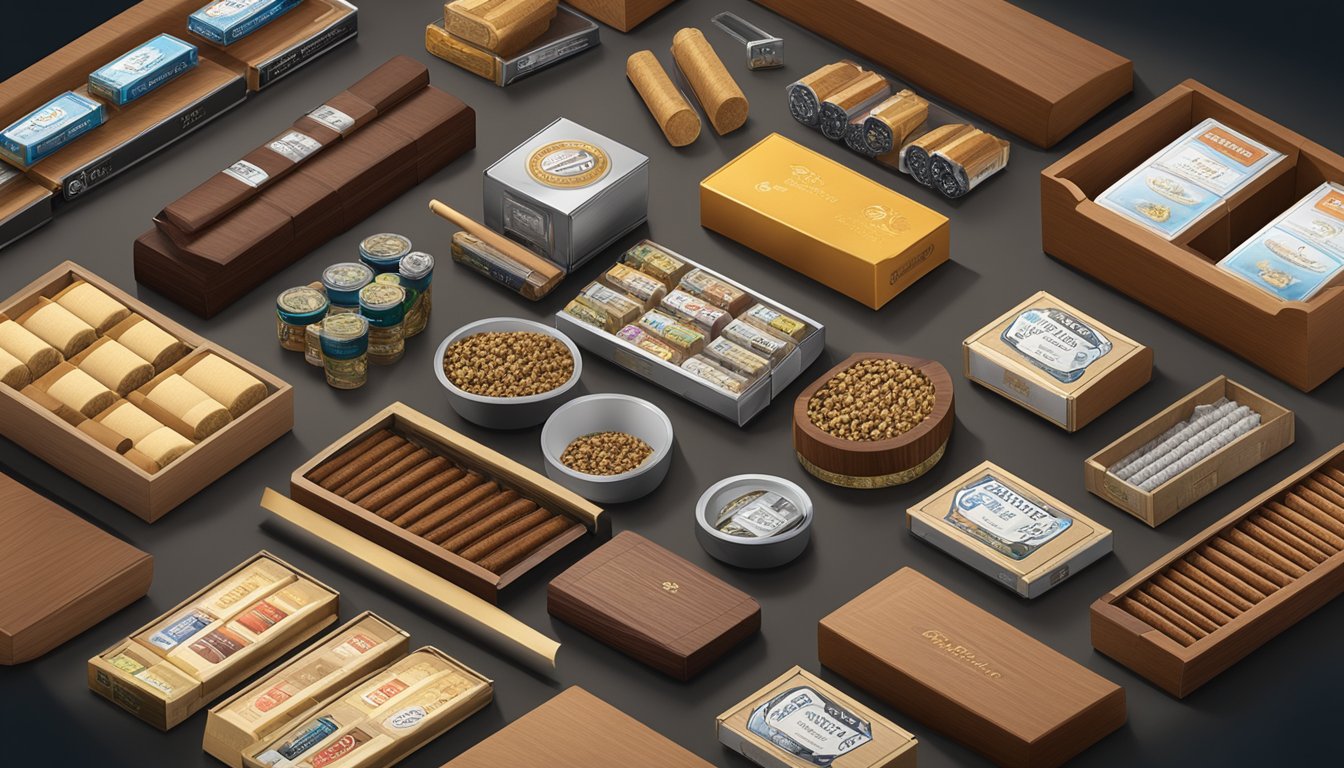 A table displaying a variety of premium products from Imperial Brands, including cigarettes, cigars, and luxury tobacco accessories