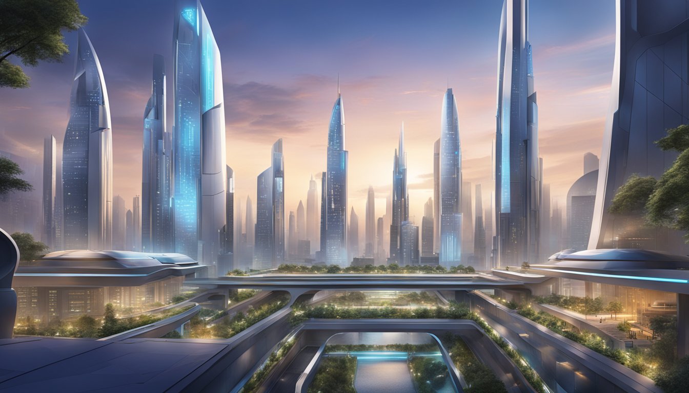 A futuristic city skyline with sleek, modern buildings and advanced technology showcasing the innovation and development of imperial brands