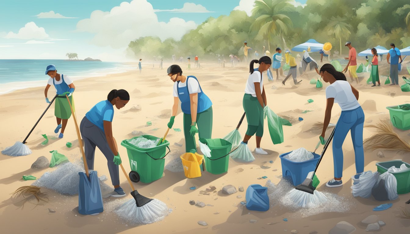 The scene depicts a diverse group of people working together to clean up a polluted beach, with a focus on recycling and environmental sustainability