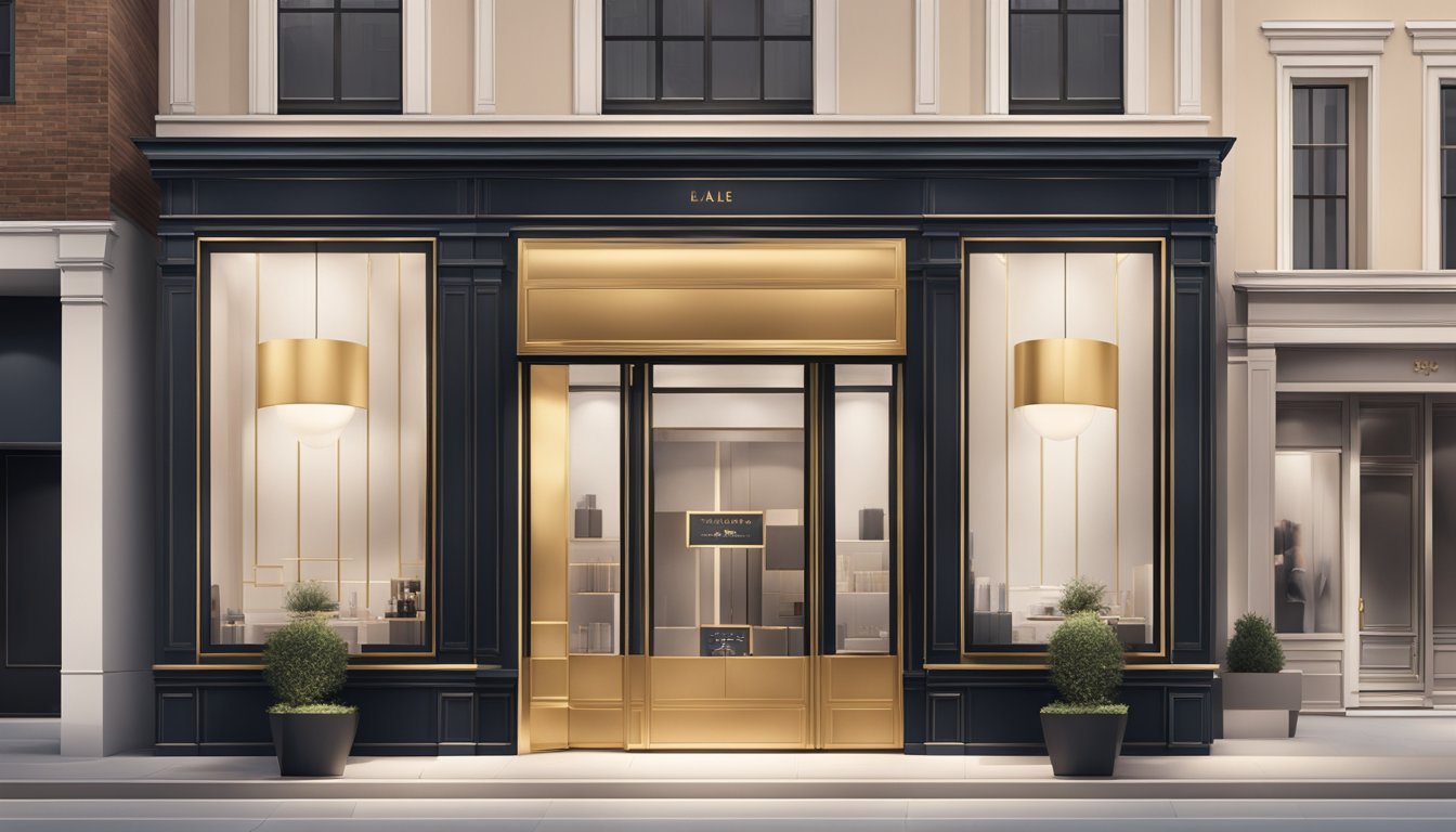 A sleek, minimalist storefront with bold, elegant signage. Luxurious materials and sophisticated design elements convey a sense of exclusivity and refinement