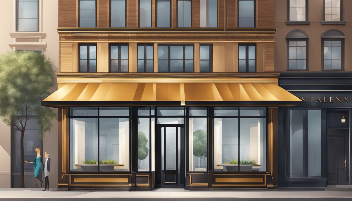 A sleek, modern storefront with bold, elegant signage. Luxurious materials and textures, with a sophisticated color palette. A sense of exclusivity and refinement