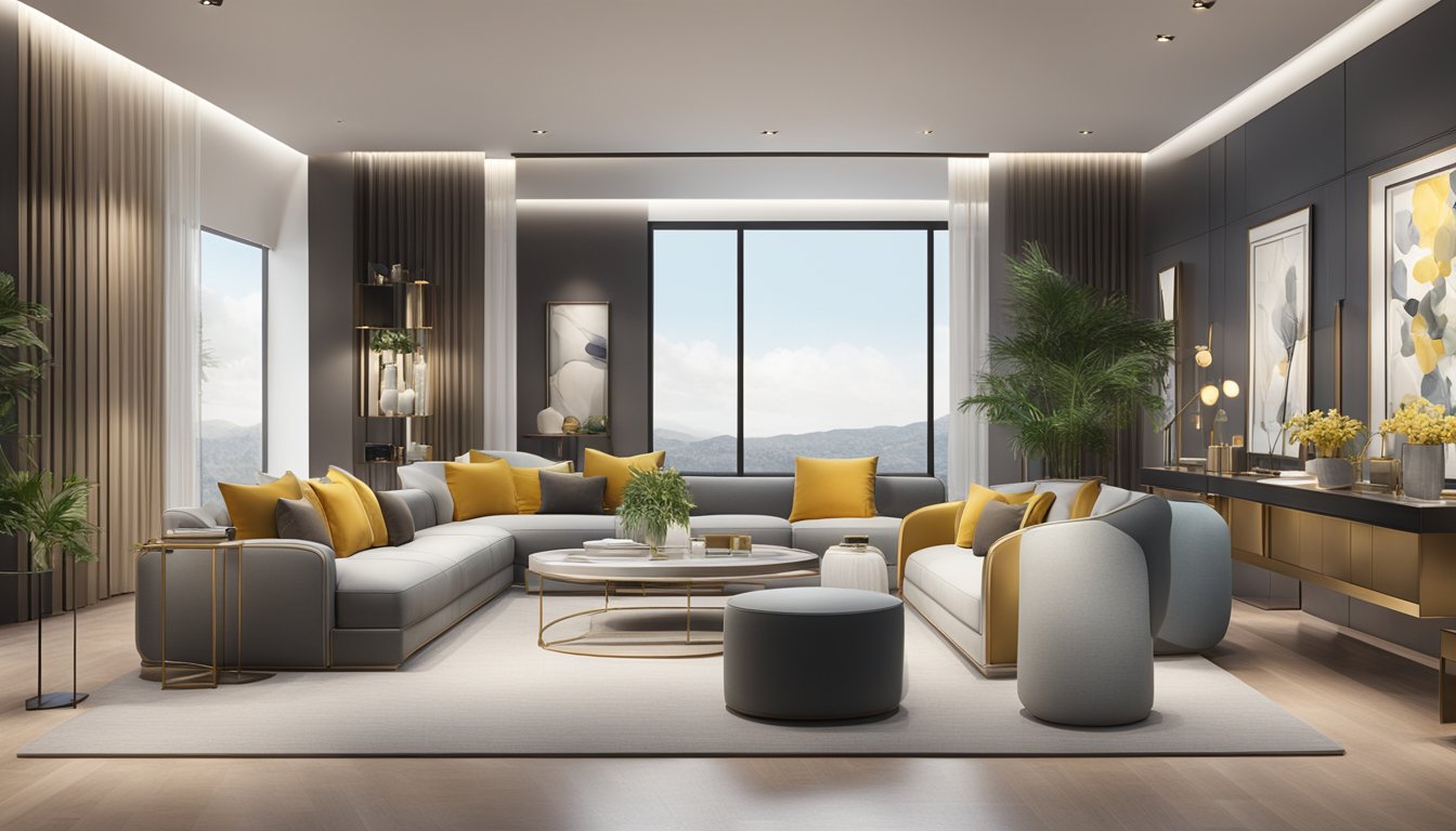 A display of sleek, modern product designs in a luxury showroom, featuring a range of elegant and sophisticated items