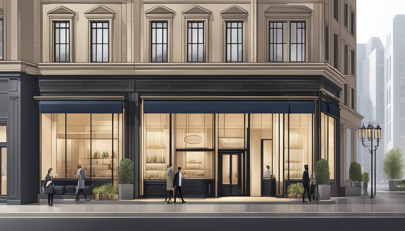 A sleek, modern storefront with elegant signage and a line of affluent customers waiting to enter. The building exudes exclusivity and sophistication, with a polished and luxurious ambiance