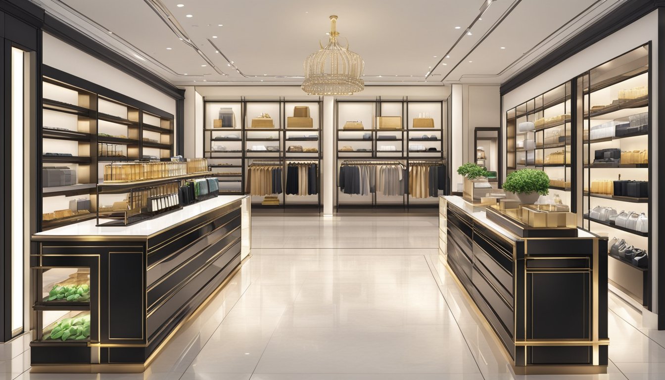 A luxurious store with high-end products displayed in a modern, sleek environment. The prices are prominently shown, and the store is easily accessible to customers