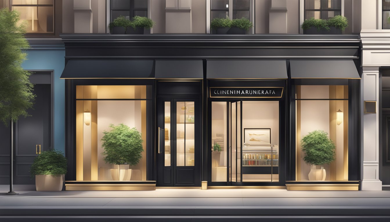 A sleek, modern storefront with bold signage and elegant displays, exuding an air of sophistication and exclusivity