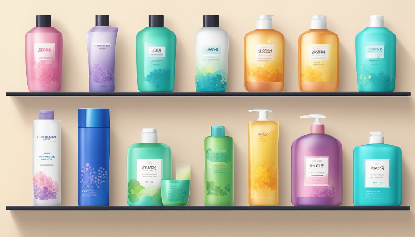 A row of colorful Japanese shampoo bottles on a clean, minimalist shelf