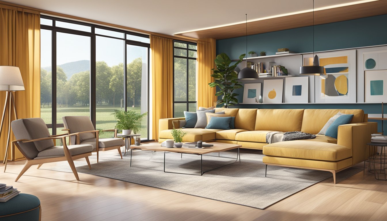 A modern living room with Lamitak surfaces on furniture and walls. Clean lines, natural light, and a cozy atmosphere
