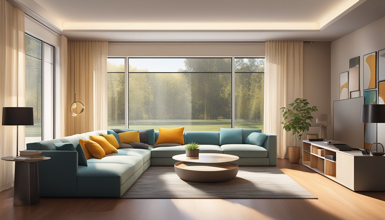 A modern living room with Lamitak surfaces on a sleek coffee table, reflecting the warm glow of a pendant light above
