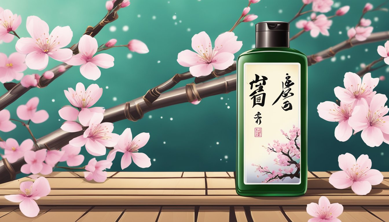 A bottle of Japanese shampoo sits on a bamboo shelf, surrounded by cherry blossom branches and traditional Japanese calligraphy