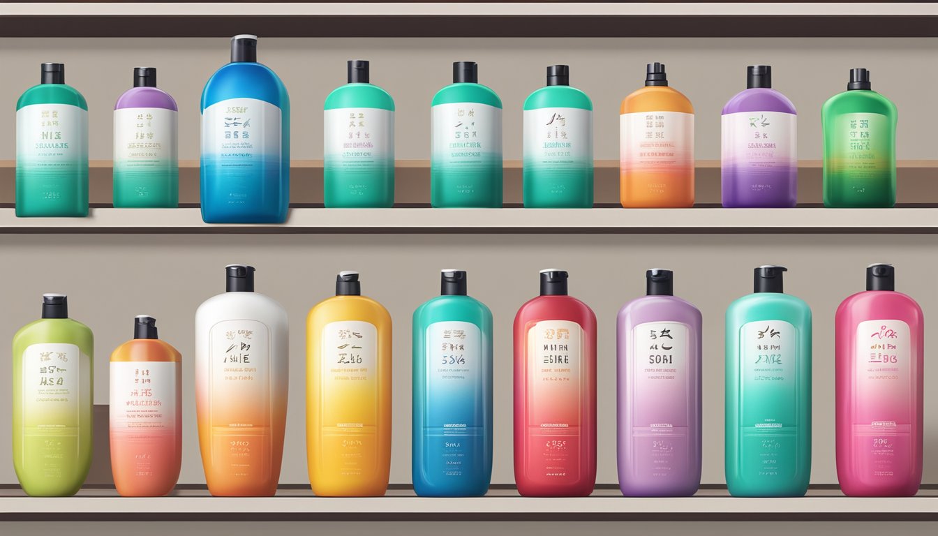 A row of colorful Japanese shampoo bottles lined up on a sleek, modern shelf. The labels feature bold, Japanese characters and minimalist design