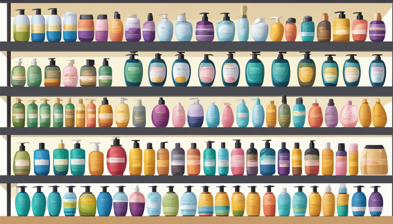 A variety of Japanese shampoo bottles arranged neatly on a shelf, each labeled with different solutions for various hair concerns