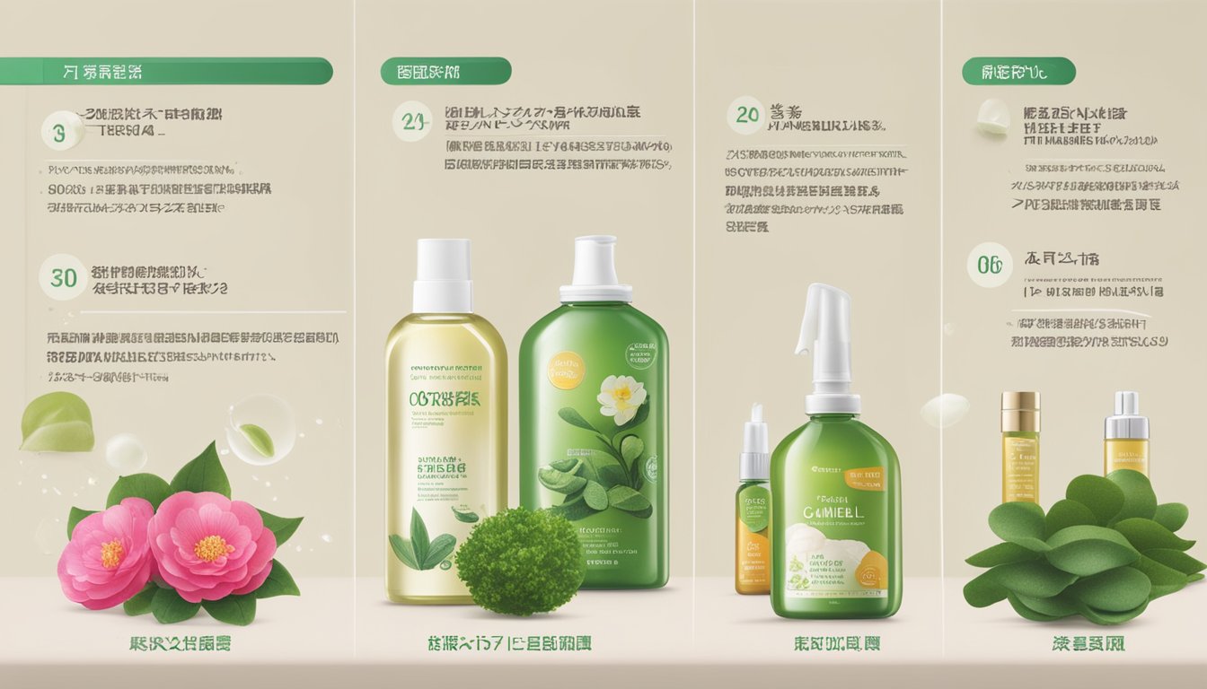 A variety of specialized ingredients, such as camellia oil and seaweed extract, are displayed alongside their respective benefits, including nourishment and hydration