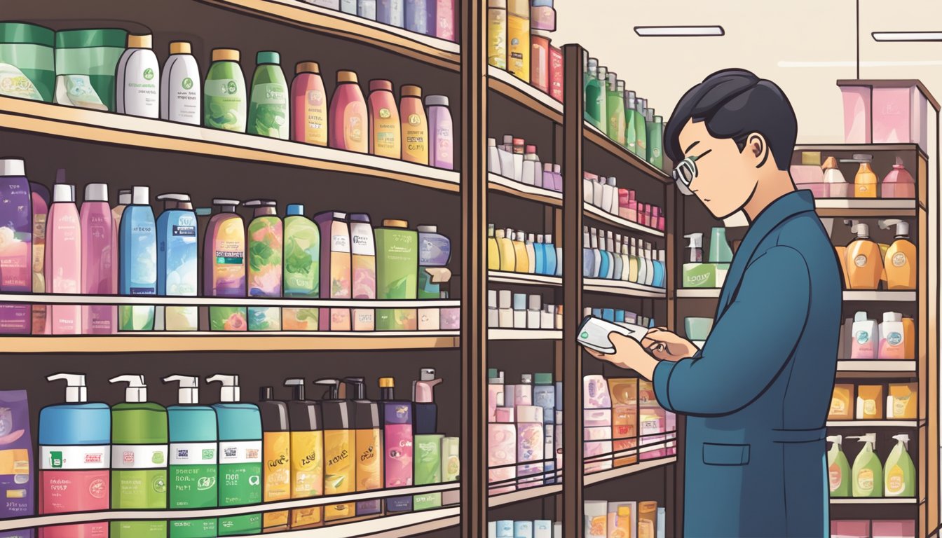 A person standing in front of a shelf filled with various Japanese shampoo brands, carefully examining the labels and comparing the products
