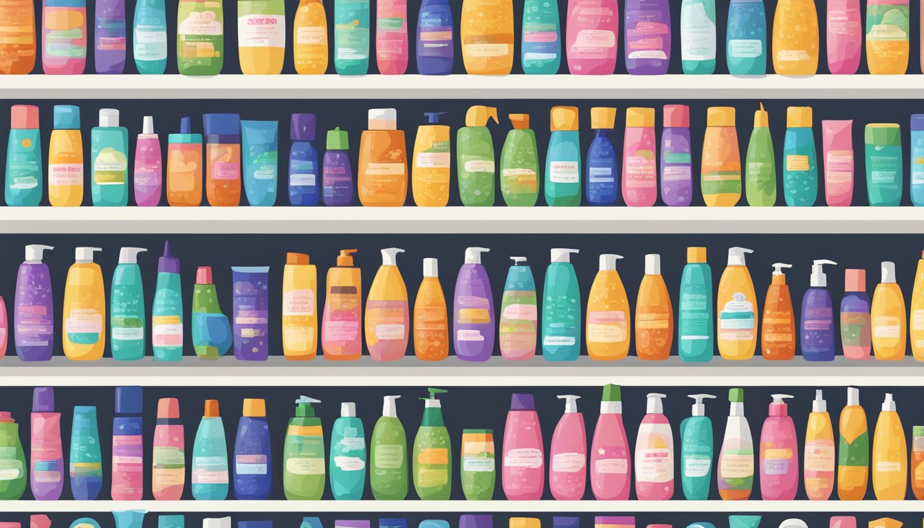 A shelf filled with colorful Japanese shampoo bottles, with "Frequently Asked Questions" labels in bold text