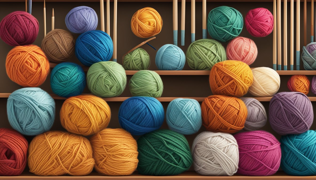 A variety of Lion Brand yarns and knitting needles arranged on a colorful display shelf