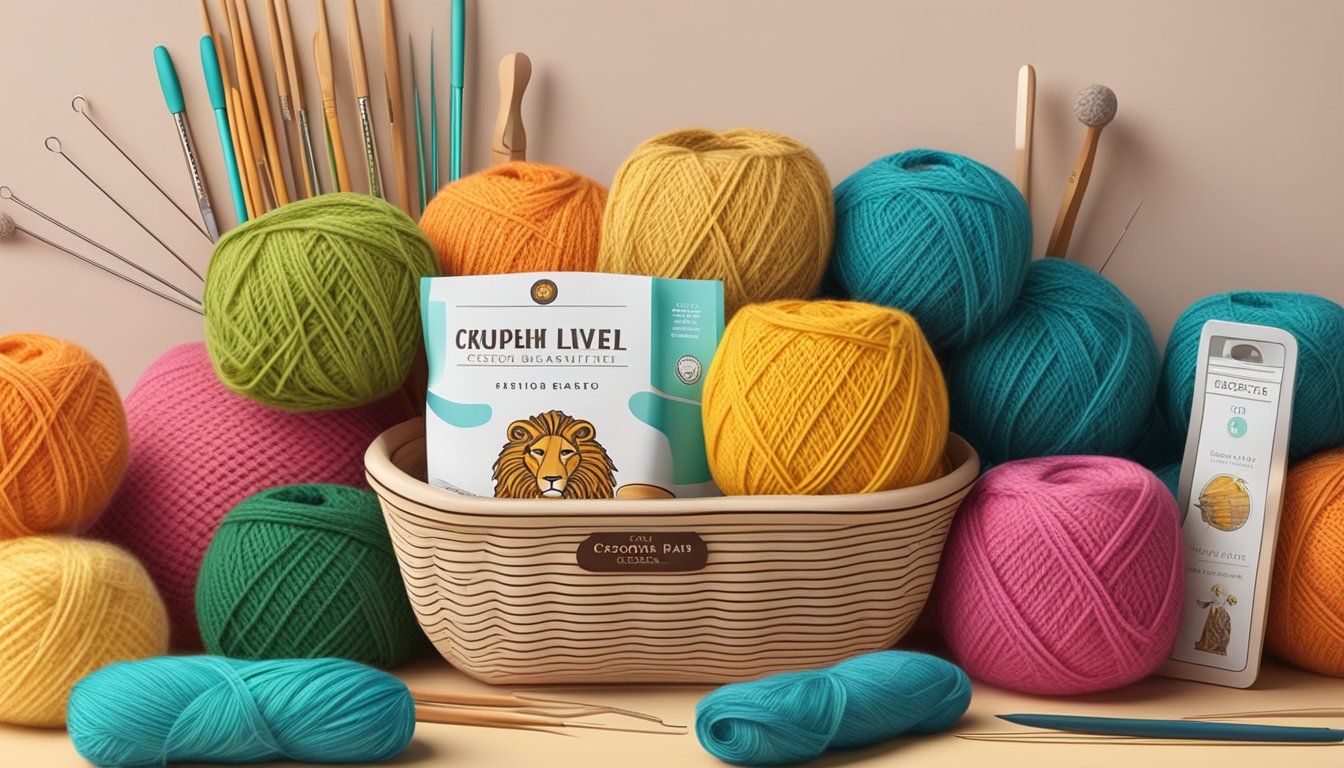 A colorful yarn basket surrounded by knitting needles and crochet hooks, with Lion Brand yarn labels and a finished crochet project nearby