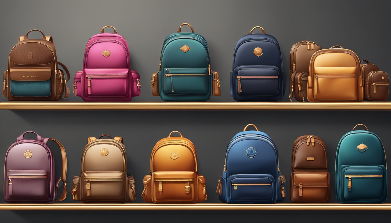 A row of high-end backpacks displayed on sleek shelves, adorned with luxurious materials and intricate details. Brand logos shimmer in soft lighting