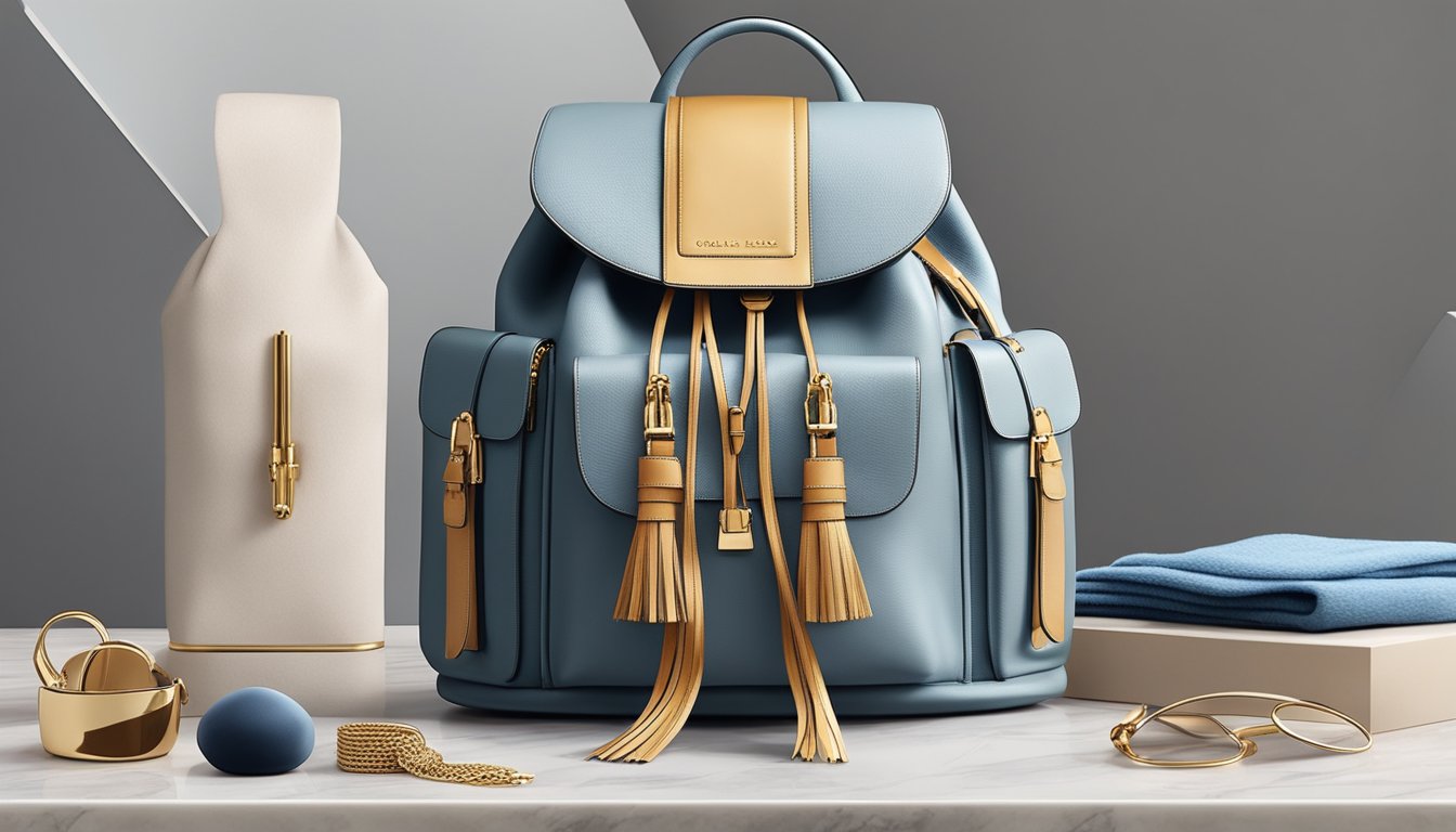 A sleek, modern backpack sits on a marble countertop, surrounded by designer accessories and a plush cashmere scarf. The backpack exudes luxury with its fine leather, intricate stitching, and gold hardware