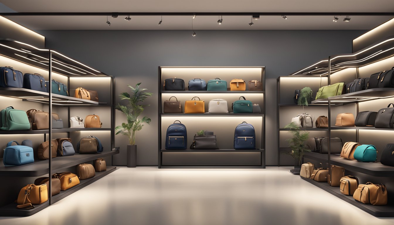 A display of top luxury backpack brands arranged on a sleek, modern shelving unit with soft, ambient lighting highlighting their exquisite craftsmanship and elegant designs
