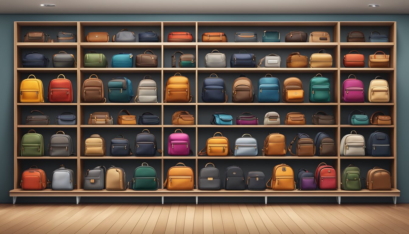 A display of various luxury backpack brands arranged neatly on shelves, with different styles and colors to cater to every occasion