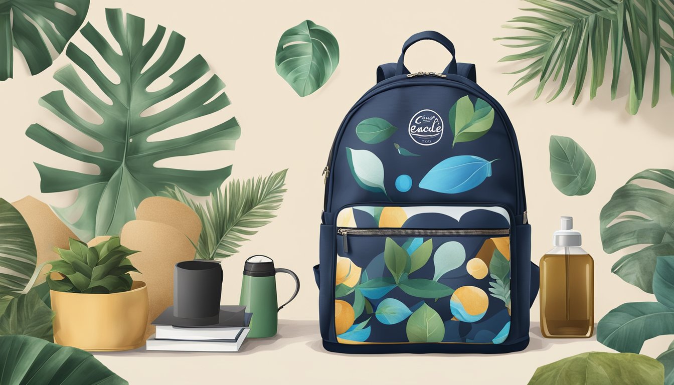 A backpack made of sustainable materials, adorned with ethical fashion logos, displayed in a luxurious setting with eco-friendly elements