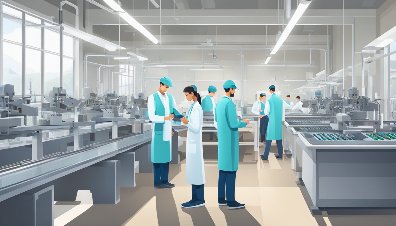 A sleek, modern shoe factory with state-of-the-art machinery and eco-friendly materials. Workers in lab coats inspecting quality and precision