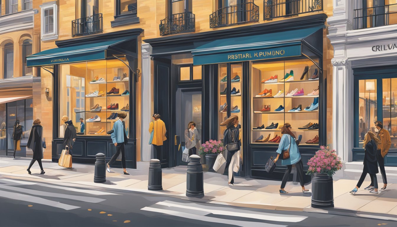 High-end shoe brands showcased in a vibrant, bustling city setting. Iconic logos and sleek designs command attention, reflecting cultural influence and fashion significance