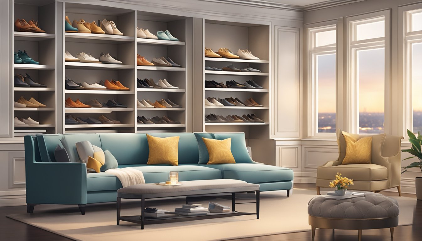 Shoes displayed on sleek shelves, soft lighting, elegant decor, and a plush seating area