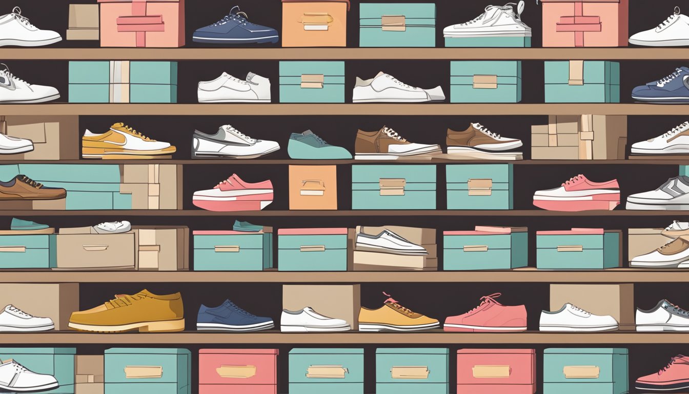 A display of elegant shoe boxes arranged neatly with a sign reading "Frequently Asked Questions luxury shoe brands" above them