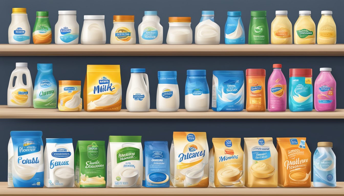 A variety of milk powder brands lined up on a supermarket shelf