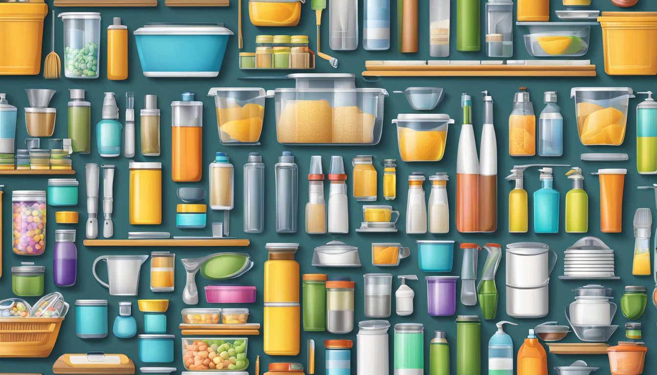 A variety of household and consumer products, such as kitchenware, office supplies, and storage containers, displayed in an organized and attractive manner