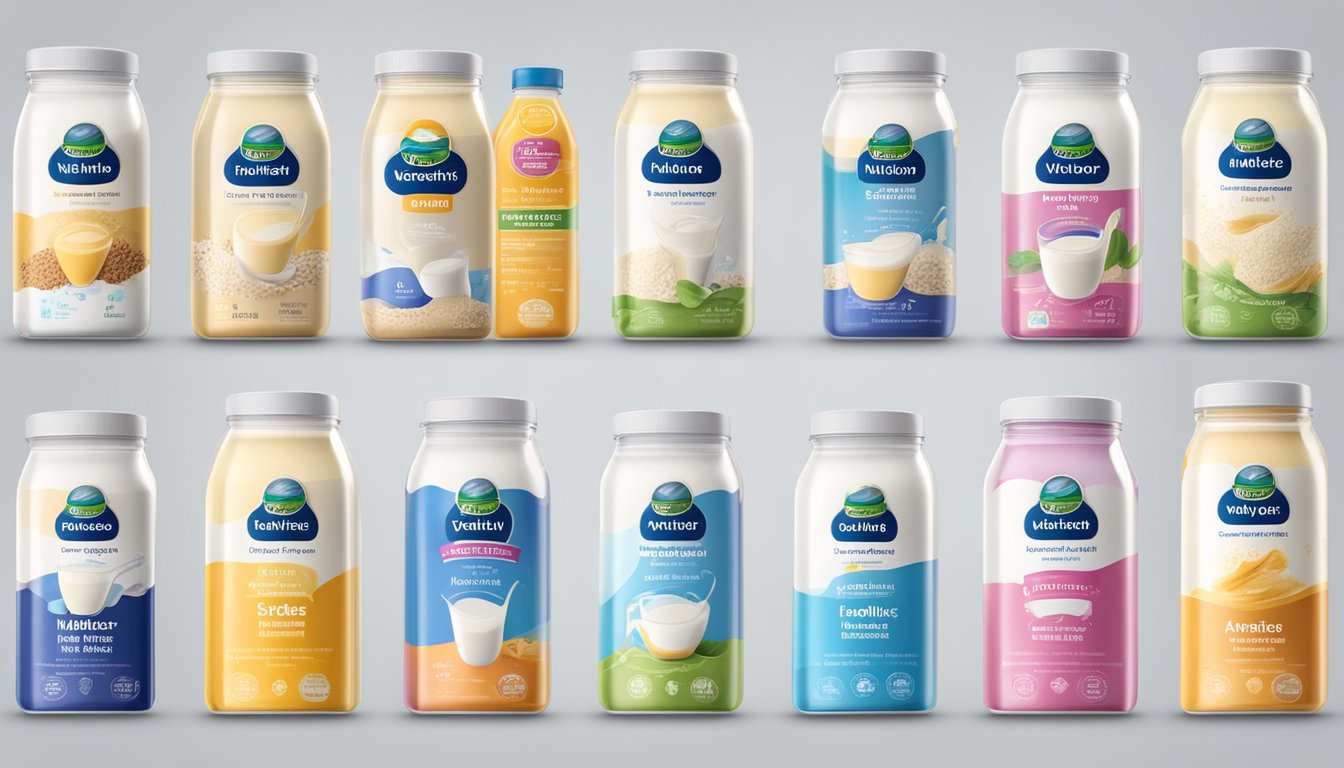 A variety of milk powder brands displayed with labels showing nutritional benefits
