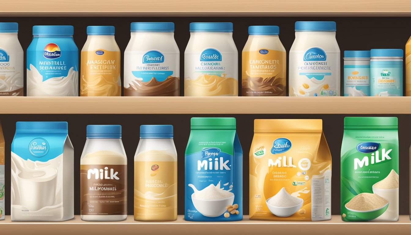 A variety of milk powder brands displayed on shelves with different packaging and labeling, showcasing the diverse options available for consumers