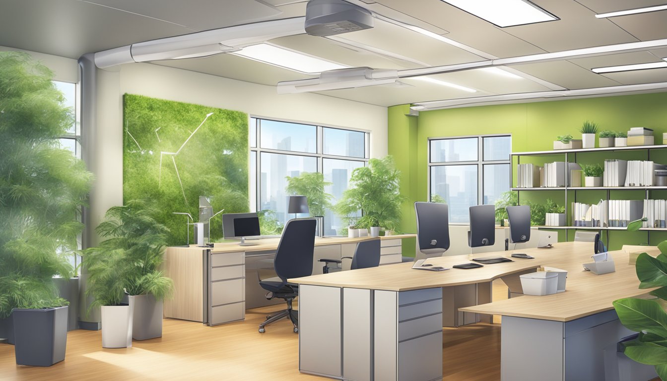 A modern office with eco-friendly design and innovative products on display. Renewable energy sources and recycling bins are prominently featured