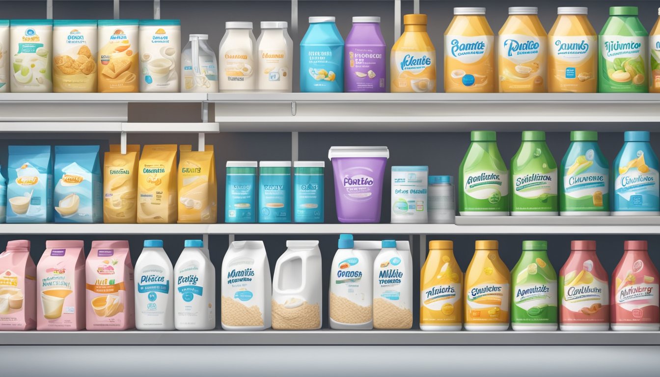 Various milk powder brands arranged on shelves with clear labels. Storage tips displayed nearby. Shopping cart and bags in the background