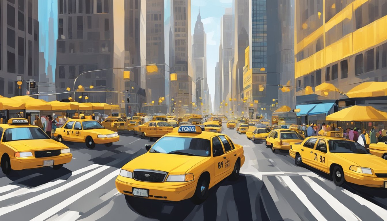 Busy NYC street with iconic yellow taxis, skyscrapers, and bustling crowds. Bright lights, street vendors, and the city's energy
