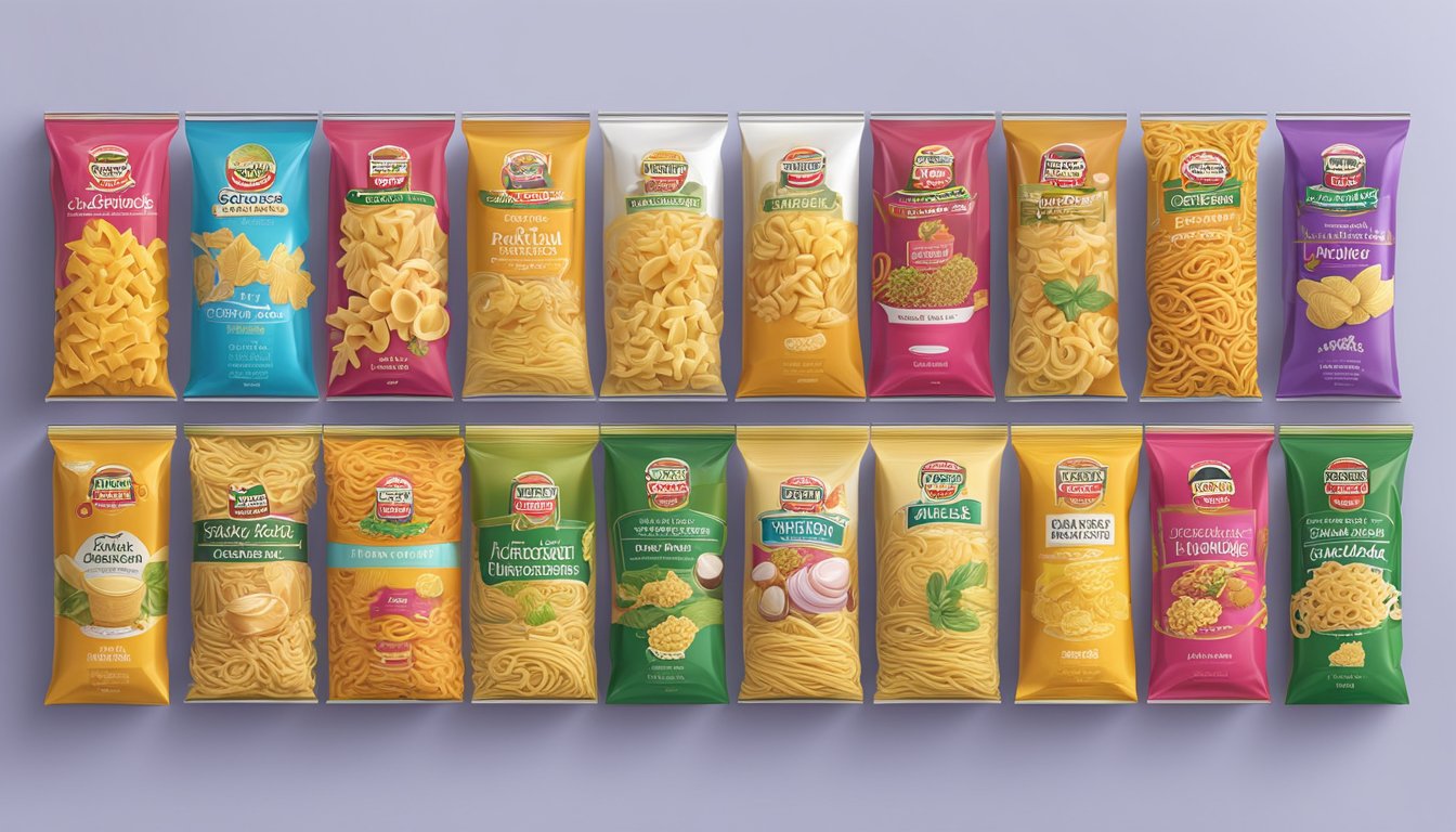 A table filled with various pasta brands in colorful packaging, arranged in a visually appealing display