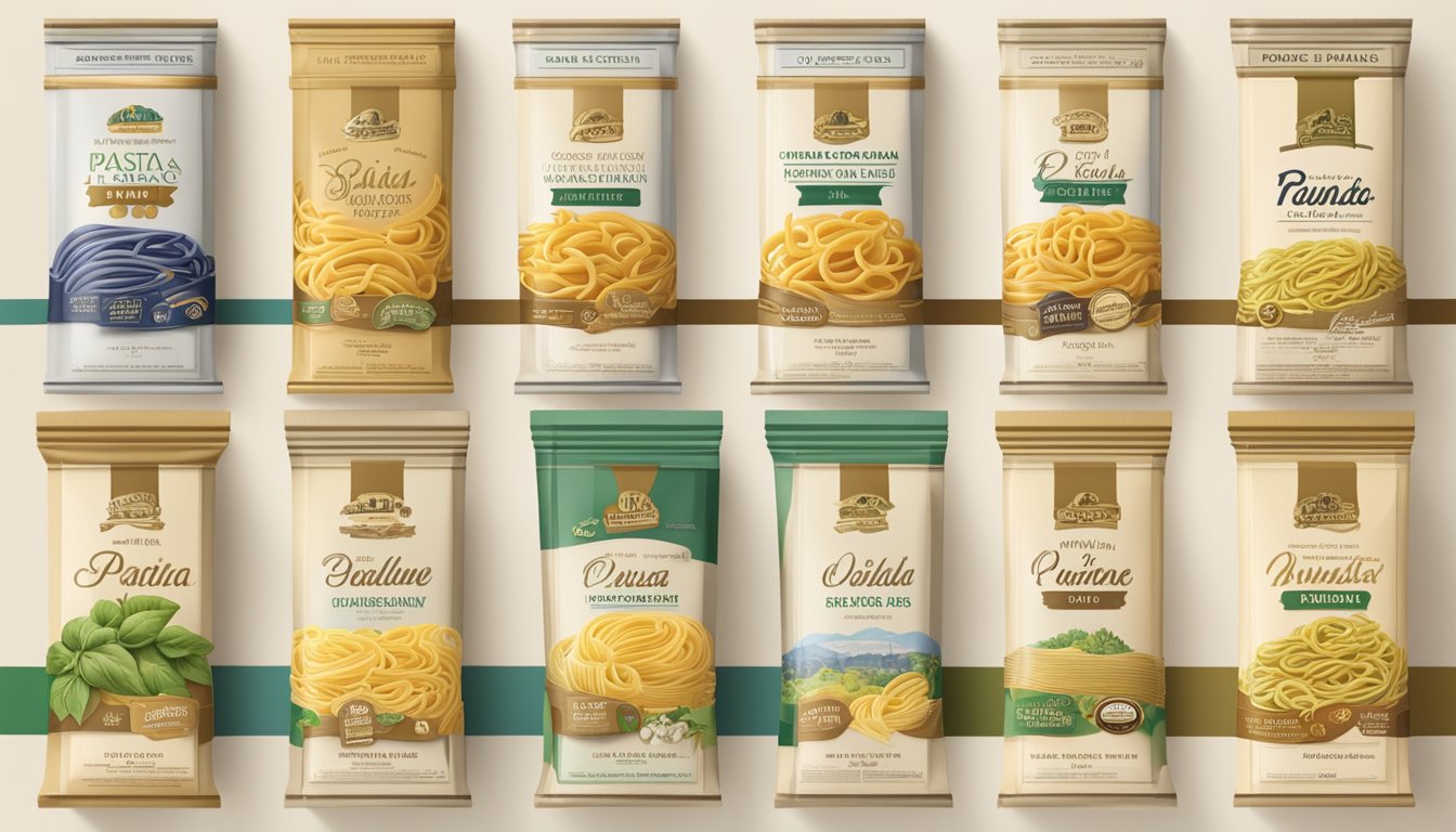 Pasta brands originating from Italy, with historical references and origin stories, displayed on a timeline with various packaging and labeling designs