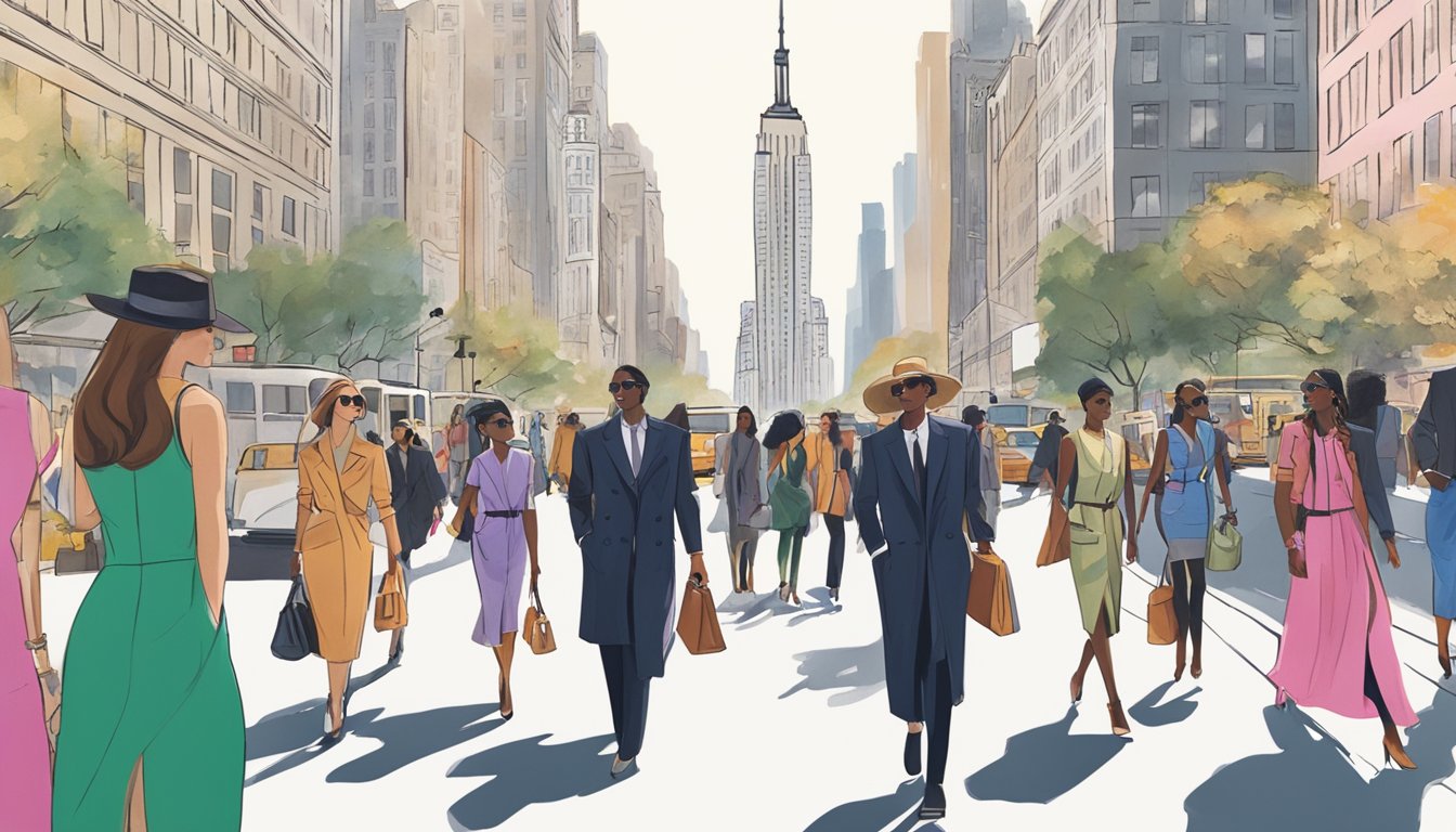 The bustling streets of NYC, with fashionistas strutting in designer labels, while iconic skyscrapers loom in the background