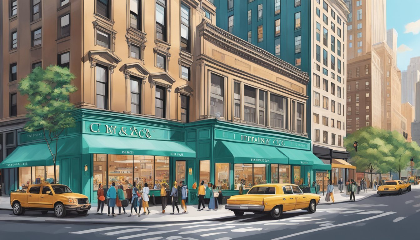 The scene features iconic NYC brands like Tiffany & Co., Macy's, and Shake Shack, showcasing their impact on the city's culture and commerce