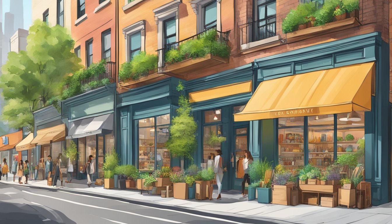 A bustling NYC street with eco-friendly fashion storefronts, recycled materials, and vibrant greenery